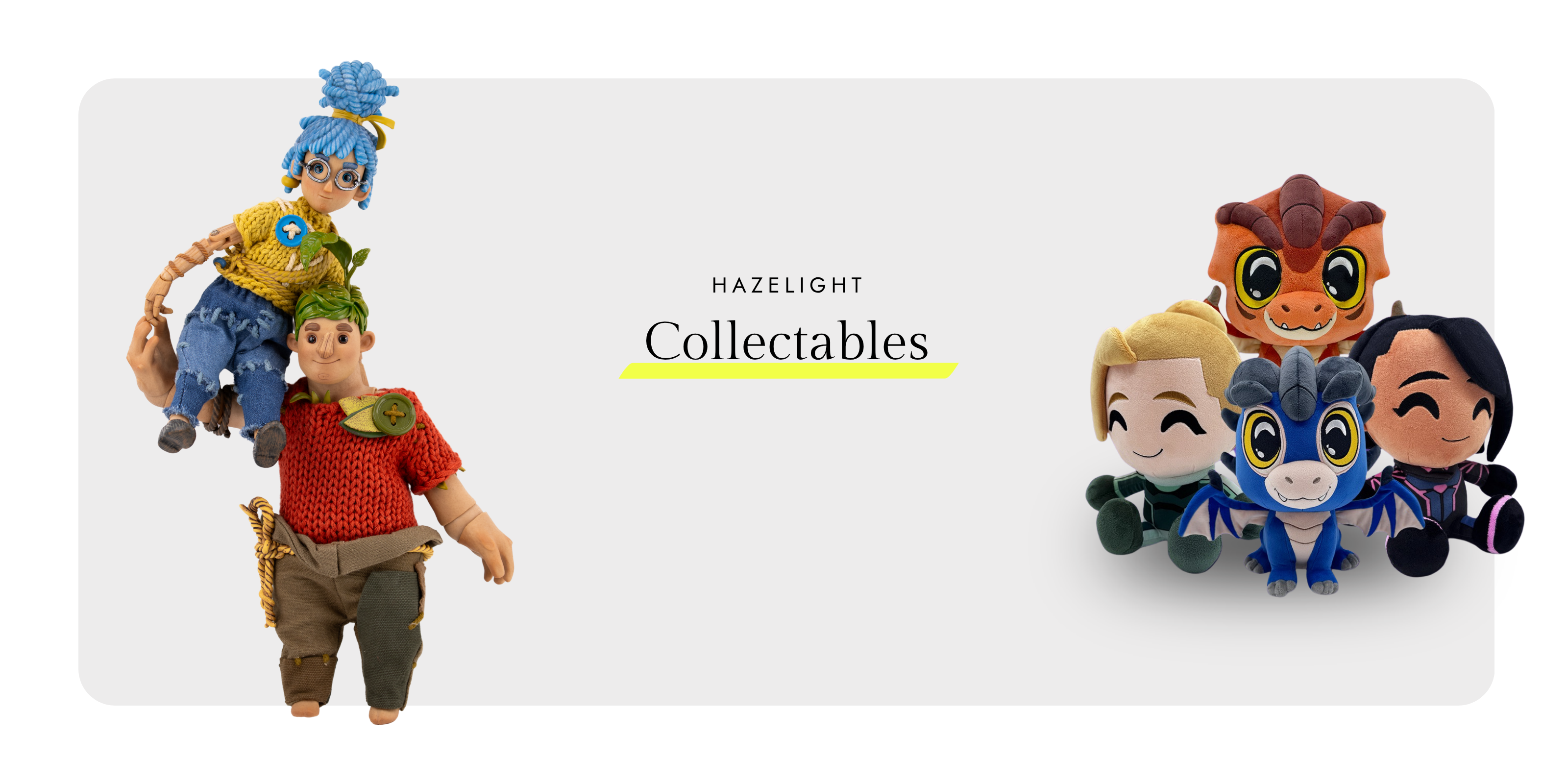 Hazelight Collectables banner with It Takes Two figurines and Split Fiction plushies