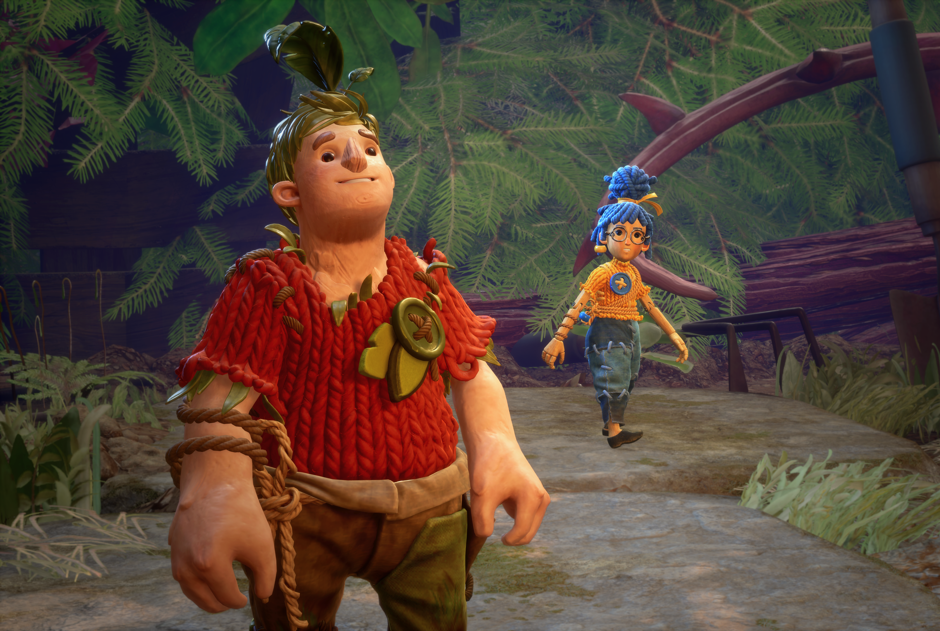 Two animated characters from Hazelight's It takes Two Cody and May  walking through a forest with a wooden bridge in the background. Christmas Scene