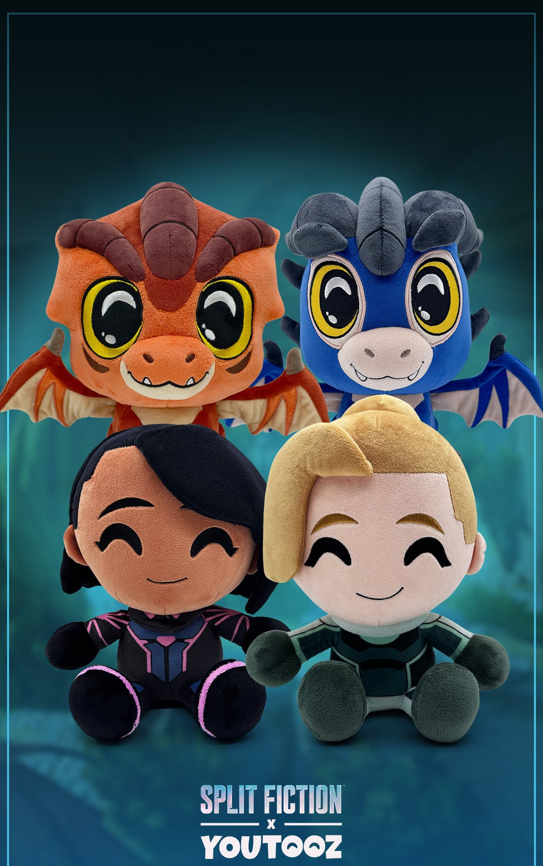 Four plush toys with cartoon faces on a blue gradient background, featuring the brands 'Split Fiction' and 'Youtooz'.